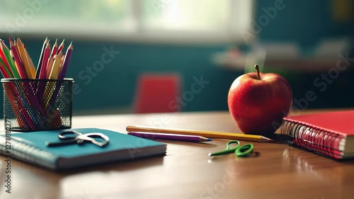 A classic school desk with an apple, pencils, and notebooks, symbolizing learning, education, and knowledge