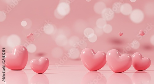Pink heart-shaped decorations, soft bokeh background, Valentine's Day theme, romantic atmosphere, pastel colors, dreamy lighting, minimalist composition
