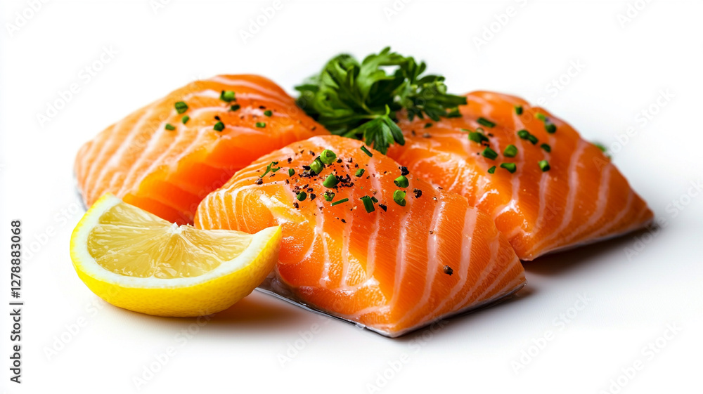 Fresh Salmon Fillets Garnished with Herbs and Lemon Wedge on White Background Fresh Salmon Fillets Garnished with Herbs and Lemon Wedge on White Background