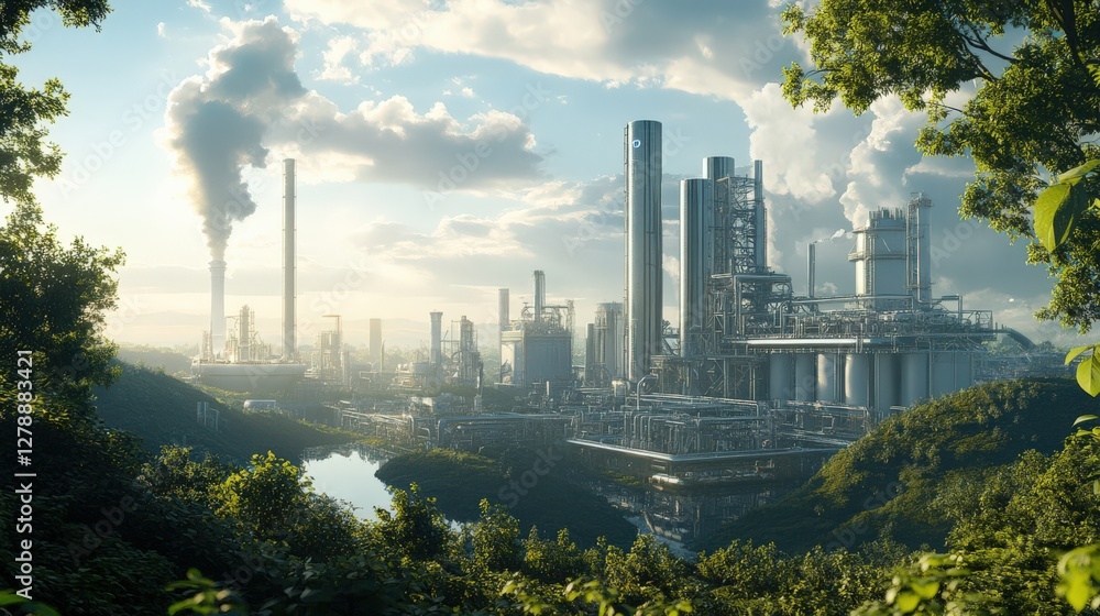 Fototapeta premium A city with a large industrial area and a river