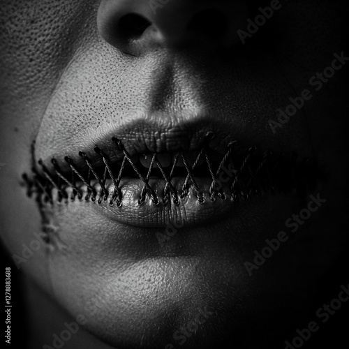 silence. mouth sewn shut with thread