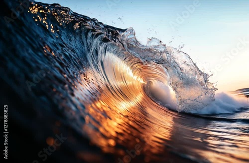 Close-up of a powerful ocean wave curling over at sunset, with golden sunlight reflecting on the glistening water surface and capturing the dynamic motion of the sea.