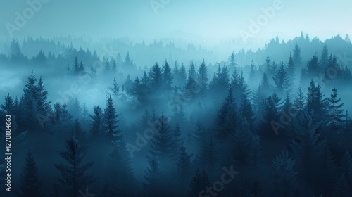 Twilight descends over a tranquil winter pine forest where fog envelops the trees, creating a serene, cold atmosphere