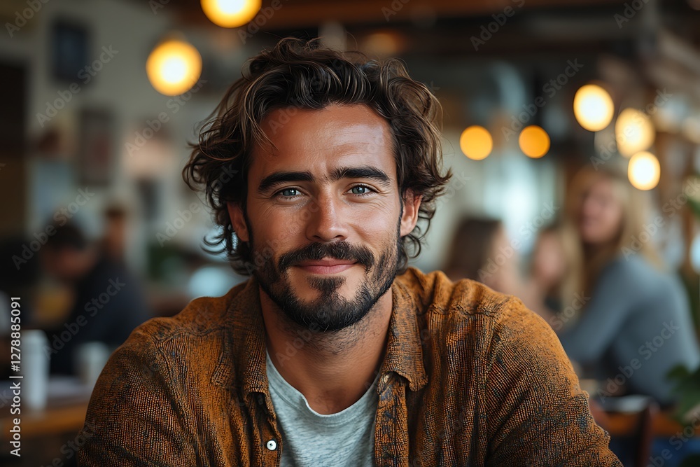 Handsome man smiling in a cafe. Handsome man smiling in a cafe.