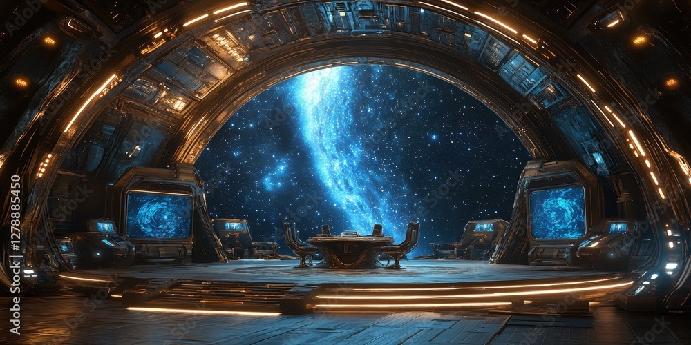 Fototapeta premium A sprawling interior in a futuristic spaceship features multi-level designs with complex structures. Sleek walls and ceilings gleam under advanced lighting, highlighting detailed craftsmanship and inn