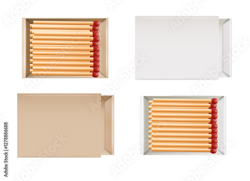 Matchbox, empty package for match sticks in top and perspective view. Realistic mockup of 3d blank box. Stages of burning the match. Symbol of ignition burning. Vector