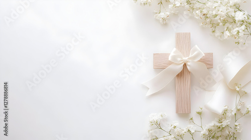una cruz de madera elegante decorada con un moño de satin y flores pequeñas y delicadas decorativas sobre un fondo blanco liso con espacio de copia para tarjeta o invitacion de festejo boda o bautizo