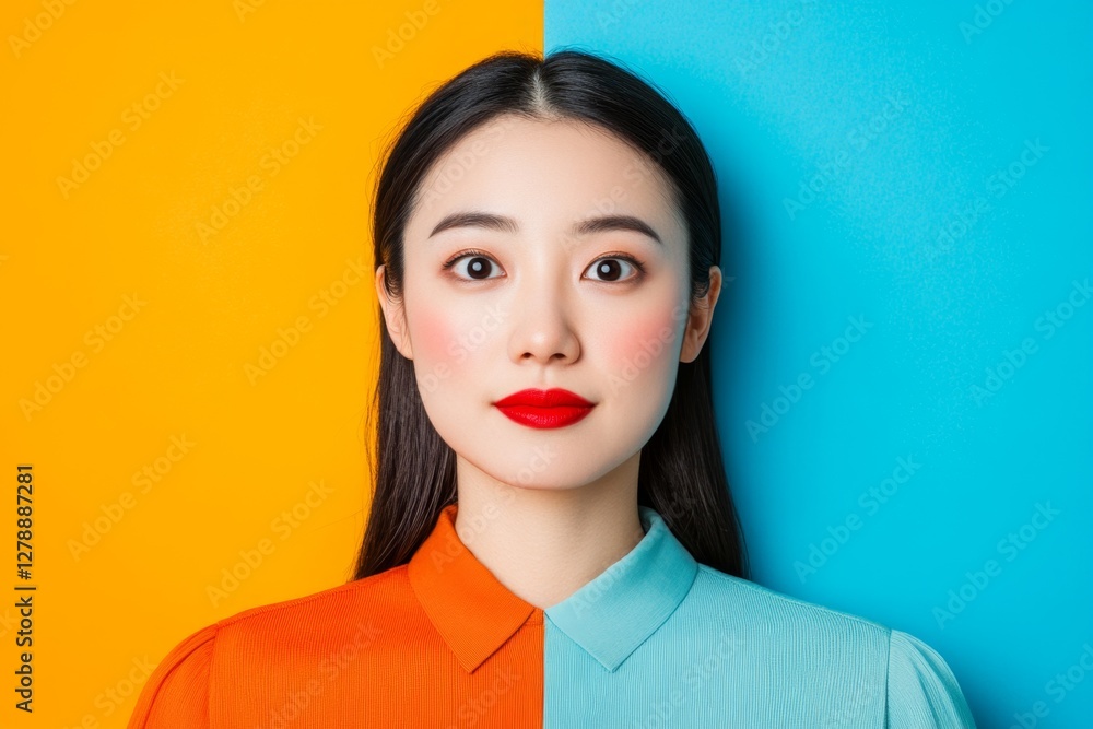 bipolar and smiling depression concept with Asian woman in difference mood , double personality with positive and negative emotional bipolar and smiling depression concept with Asian woman in difference mood , double personality with positive and negative emotional