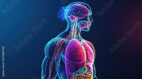A colorful 3D illustration of the human body with internal organs visible. 