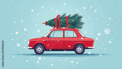 Red car, Christmas tree, snow, holiday