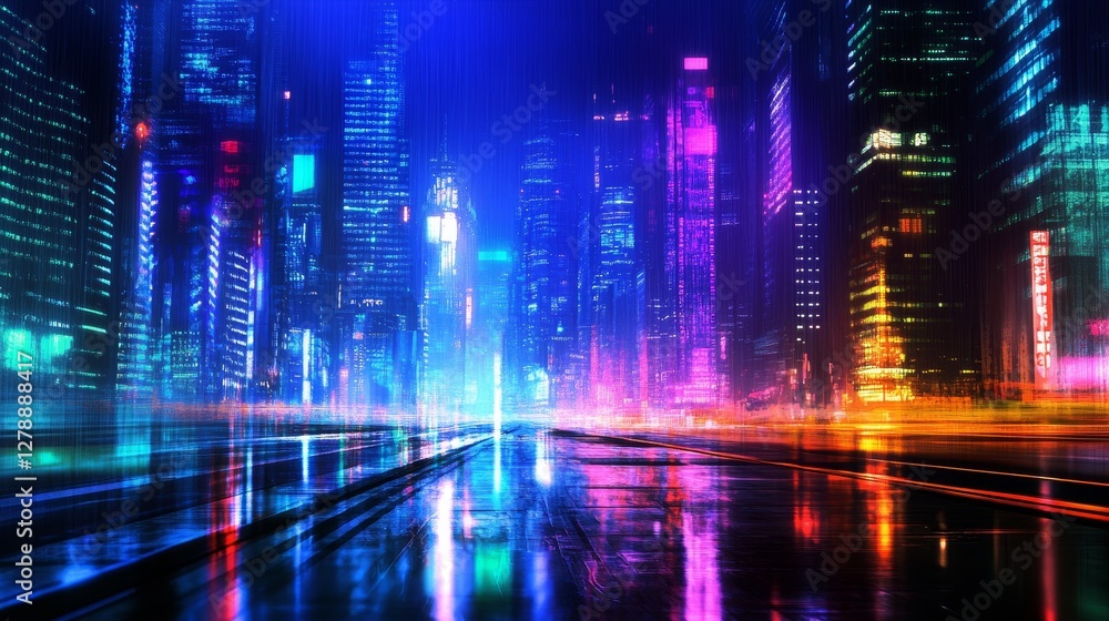 Obraz premium Vibrant cityscape at night with neon light reflecting on wet streets, showcasing urban life