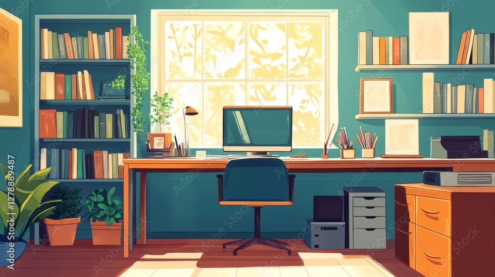 Cozy home office with a desk, computer, and plants, featuring a sunlit window and bookshelves Cozy home office with a desk, computer, and plants, featuring a sunlit window and bookshelves