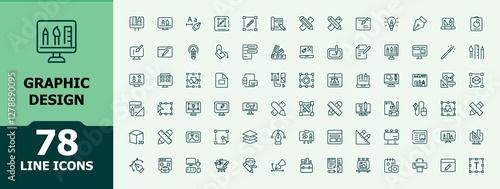 Graphic Design vector line icon set. Icons responsive design, technology, color balance, graphic, background, paint brush, designer and more. Minimalist icon collection. Editable vector illustration.