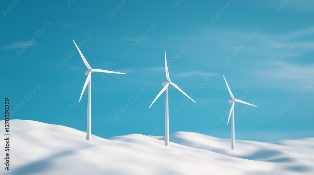 Alternative energy concept. Three wind turbines on snowy hills against a clear blue sky Alternative energy concept. Three wind turbines on snowy hills against a clear blue sky