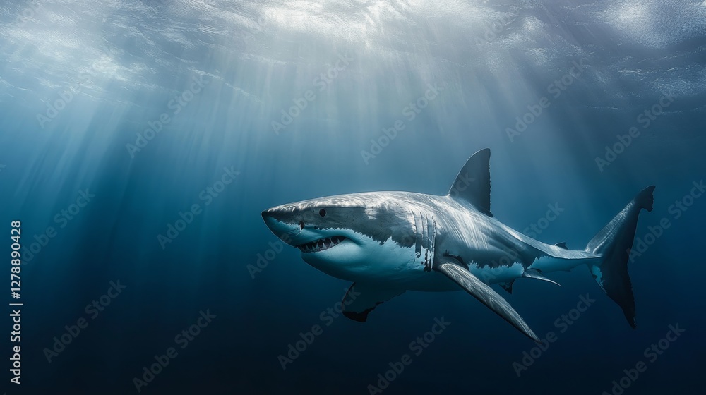 Obraz premium A massive great white shark swims against a white background, showcasing its powerful physique. 