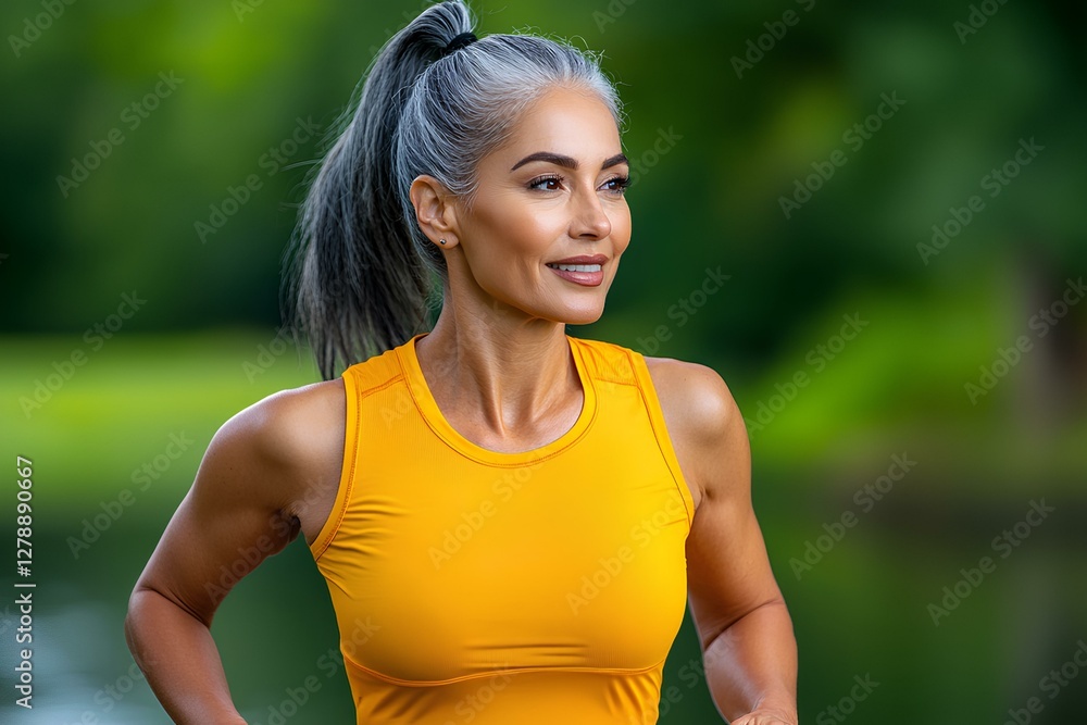 Active senior woman in yellow sportswear keeping up her fitness routine with a steady jog in a green park. Copy space. Active senior woman in yellow sportswear keeping up her fitness routine with a steady jog in a green park. Copy space.
