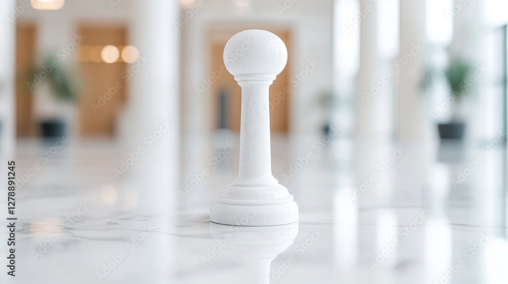 Fototapeta premium A single white chess pawn stands on a reflective marble surface in a bright, modern office lobby.