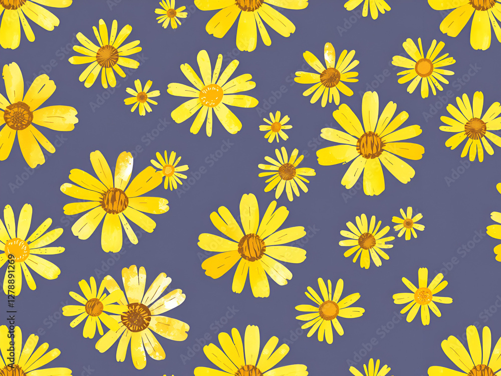 Floral Seamless Pattern of Yellow Daisies on Purple Background Floral Seamless Pattern of Yellow Daisies on Purple Background