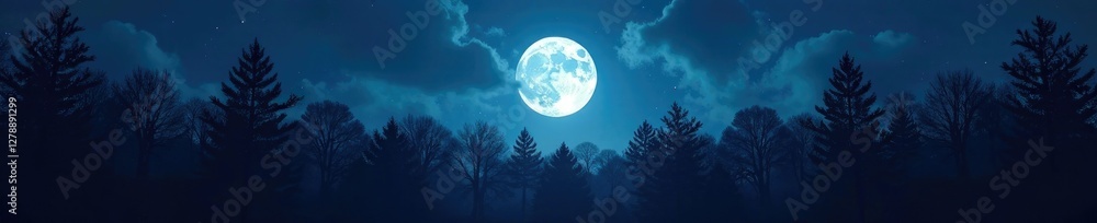 Naklejka premium Dark forest at night with full moon, trees silhouetted against bright sky, Shadow, Moonlight, Trees