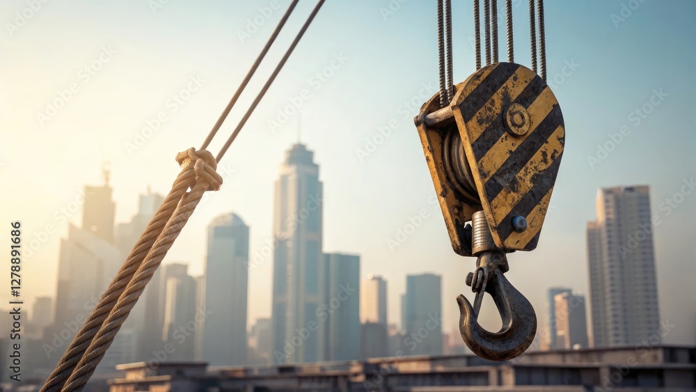 Close-up of a construction crane hook with an urban skyline background, showcasing industrial strength and efficiency. Close-up of a construction crane hook with an urban skyline background, showcasing industrial strength and efficiency.