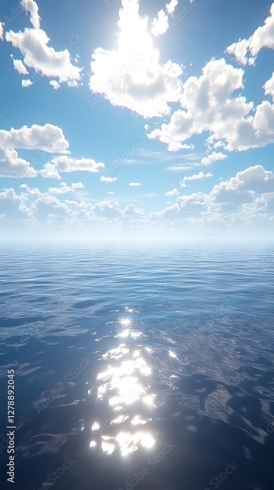 Fototapeta premium Calm ocean, sunny sky, clouds, reflection