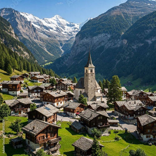 High in the Swiss Alps, a Charming Village with Rustic Chalets and a Majestic Church Tower Awaits.
