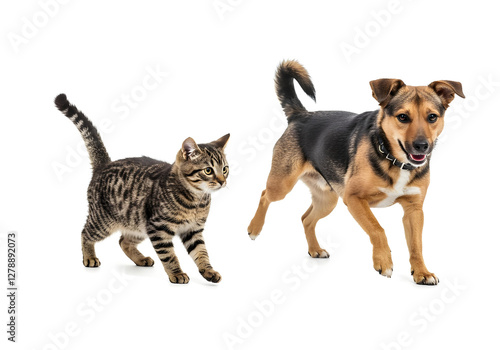 Obraz na płótnie Cat and dog running together, playful pets on white background w salonie