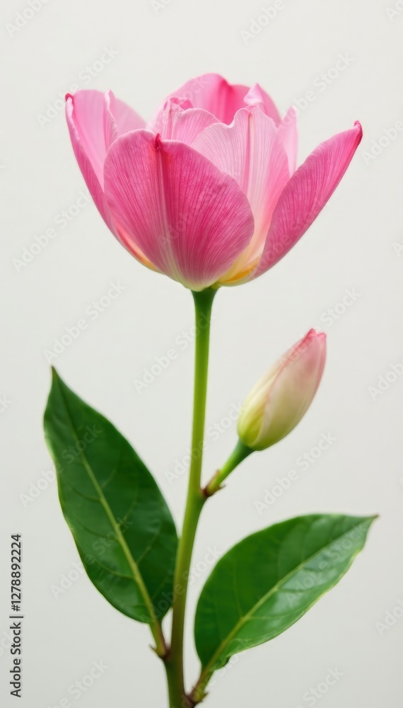 Delicate pink petals unfolding on a stem with glossy green leaves, floral, nature Delicate pink petals unfolding on a stem with glossy green leaves, floral, nature