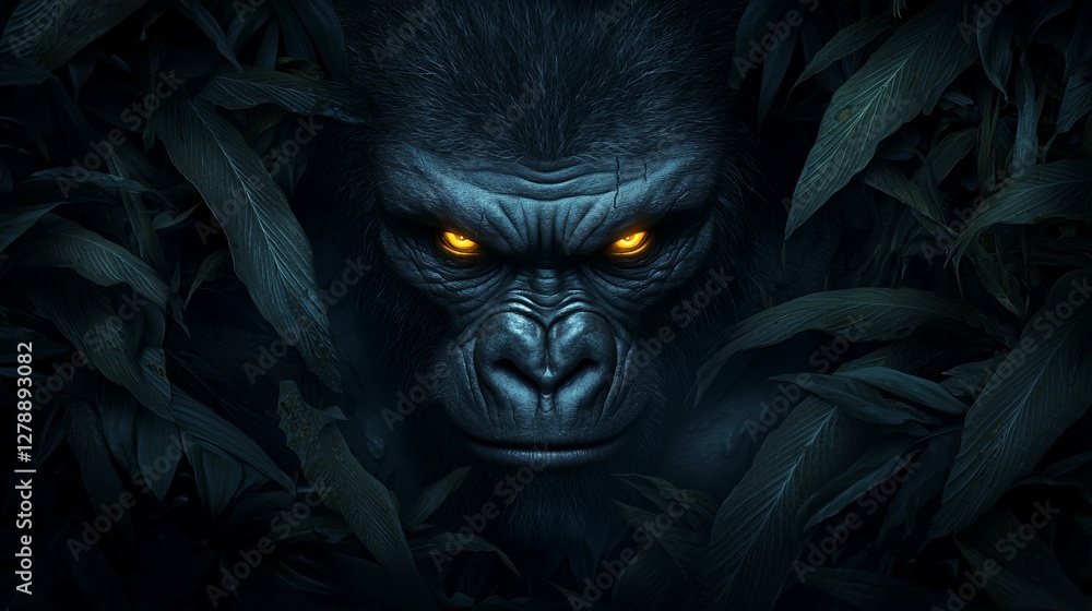 Obraz premium Powerful gorilla portrait in dark jungle.