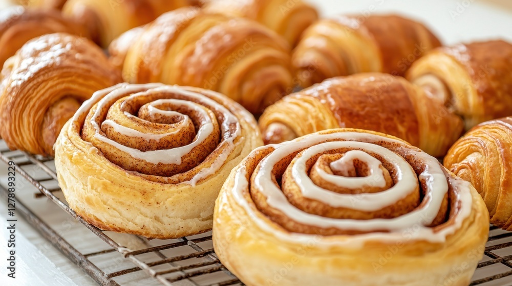 Artisan bakery products on rustic shelves Concept, Freshly Baked Cinnamon Rolls and Croissants Displayed on a Cooling Rack Artisan bakery products on rustic shelves Concept, Freshly Baked Cinnamon Rolls and Croissants Displayed on a Cooling Rack