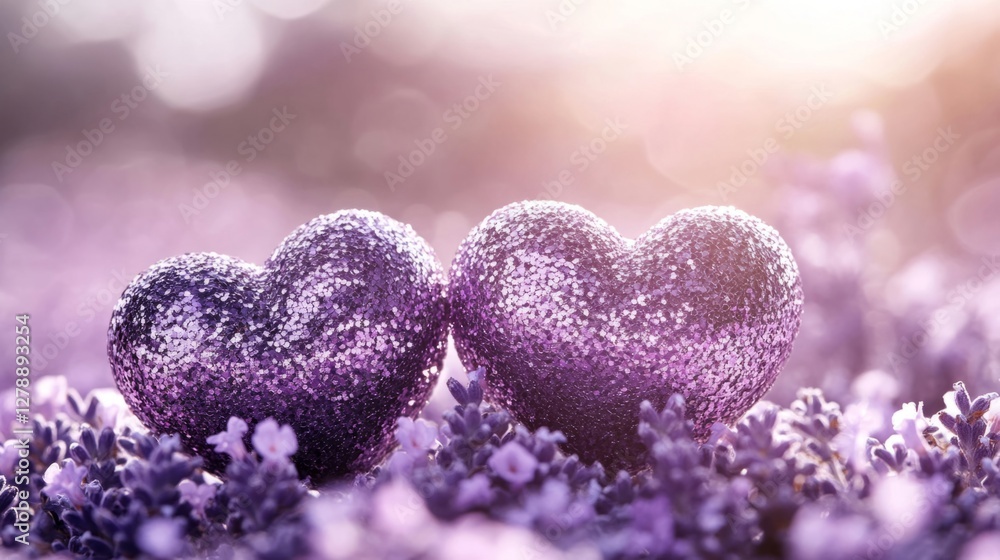 Obraz premium Two Purple Hearts Resting on Lavender Blossoms