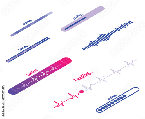 Set of loading and progress indicators. Digital elements in futuristic style for websites, interfaces and technology applications. Graphic icons and status bars for tracking processes