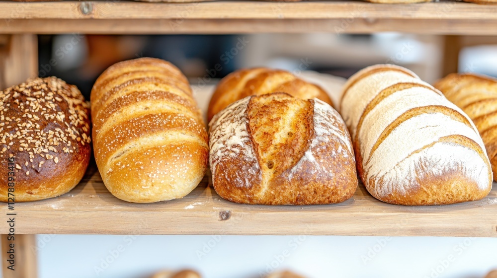 Artisan bakery products on rustic shelves Concept, Freshly Baked Bread and Pastries on Rustic Wooden Bakery Shelf, Warm and Inviting Display Artisan bakery products on rustic shelves Concept, Freshly Baked Bread and Pastries on Rustic Wooden Bakery Shelf, Warm and Inviting Display