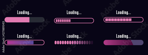 Set of loading and progress indicators. Digital elements in futuristic style for websites, interfaces and technology applications. Graphic icons and status bars for tracking processes