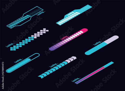 Set of loading and progress indicators. Digital elements in futuristic style for websites, interfaces and technology applications. Graphic icons and status bars for tracking processes