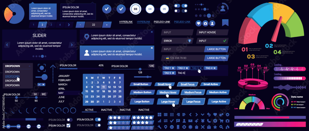 Set of buttons and interface elements for mobile apps and websites. Modern design for navigation, control and user interaction. Includes templates, menus, panels and icons Set of buttons and interface elements for mobile apps and websites. Modern design for navigation, control and user interaction. Includes templates, menus, panels and icons