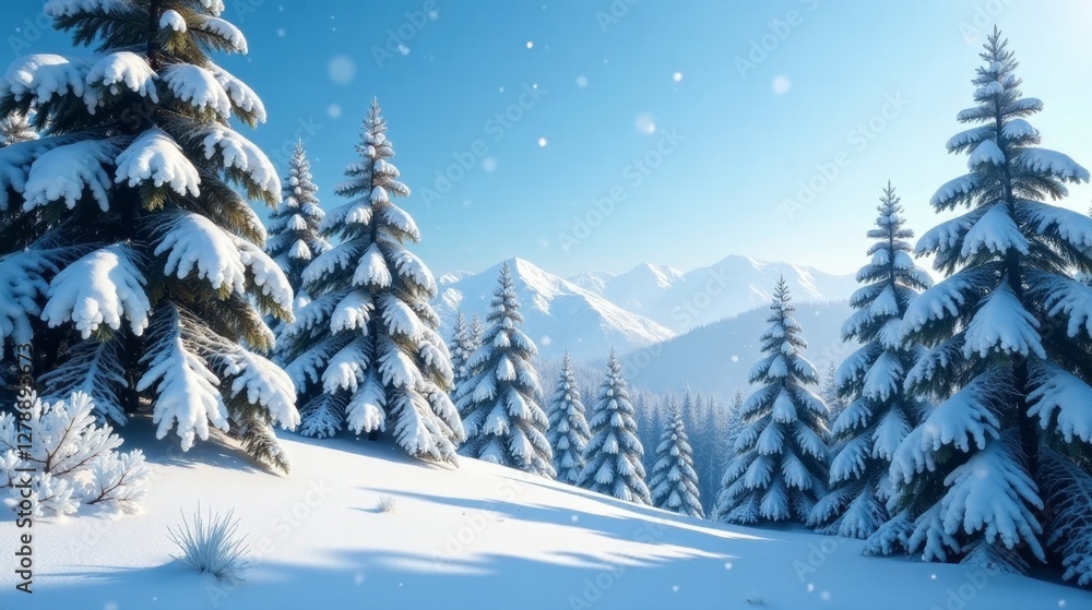 Fototapeta premium Serene Winter Wonderland Snow-Covered Evergreens and Majestic Mountain Peaks Under a Bright Blue Sky