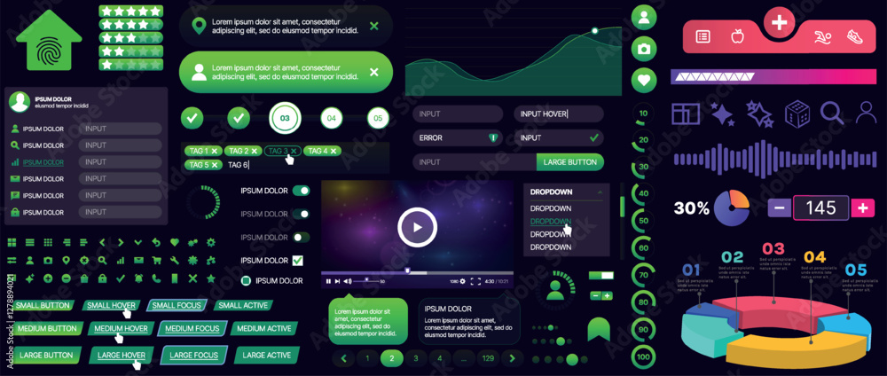 Set of buttons and interface elements for mobile apps and websites. Modern design for navigation, control and user interaction. Includes templates, menus, panels and icons Set of buttons and interface elements for mobile apps and websites. Modern design for navigation, control and user interaction. Includes templates, menus, panels and icons