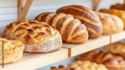 Wallpaper Mural Artisan bakery products on rustic shelves Concept, Rustic Bakery Display with Artisan Bread on Wooden Shelves in Warm Lighting Torontodigital.ca