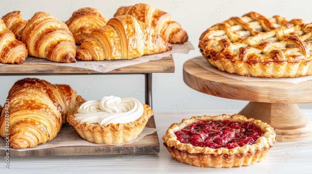 Artisan bakery products on rustic shelves Concept, Rustic Bakery Display Featuring Fresh Croissants and Tarts on Wooden Racks Artisan bakery products on rustic shelves Concept, Rustic Bakery Display Featuring Fresh Croissants and Tarts on Wooden Racks