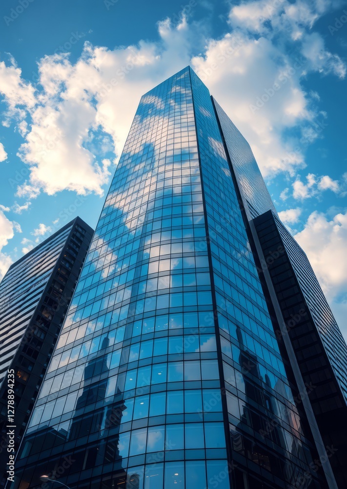 Enterprise skyscraper with glass facade and clouds reflected in skyscraper city building skyscraper downtown business architecture cityscape Enterprise skyscraper with glass facade and clouds reflected in skyscraper city building skyscraper downtown business architecture cityscape