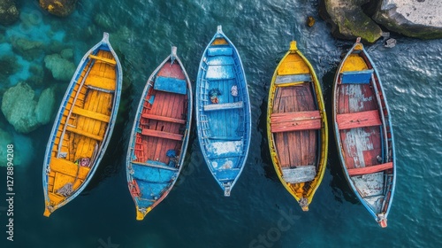 A row of various boats floats peacefully on the calm water, showcasing a serene maritime scene under clear skies. photo