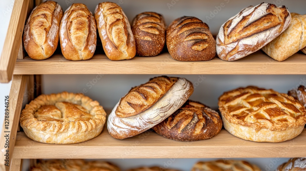 Artisan bakery products on rustic shelves Concept, Fresh Artisan Baguettes and Loaves Displayed on Wooden Shelves in a Bakery Setting Artisan bakery products on rustic shelves Concept, Fresh Artisan Baguettes and Loaves Displayed on Wooden Shelves in a Bakery Setting