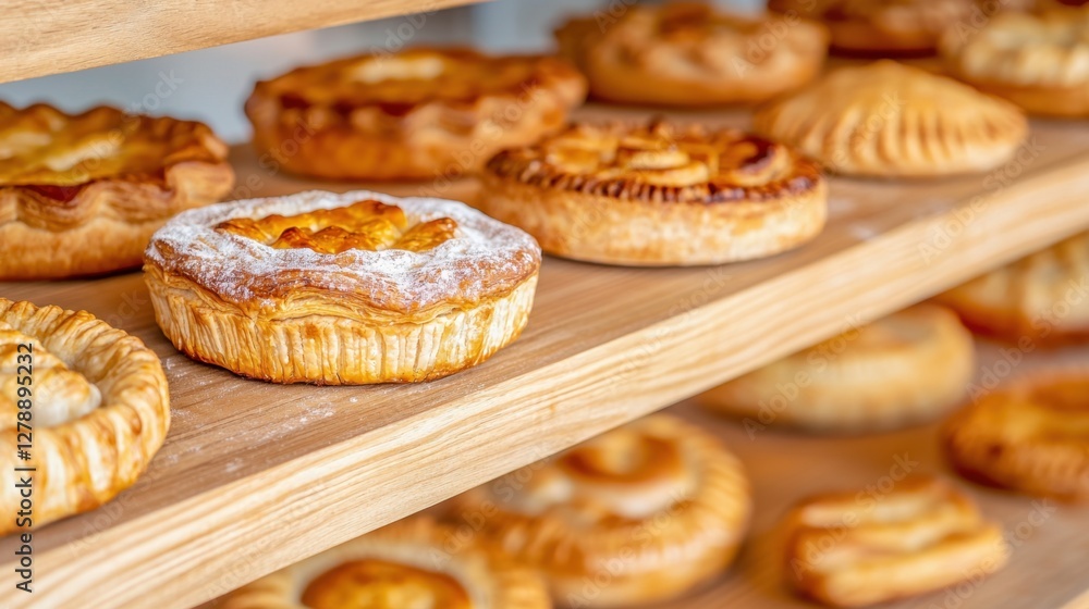 Artisan bakery products on rustic shelves Concept, Artisan Pastries Displayed on Wooden Shelves in a Cozy Bakery Setting Artisan bakery products on rustic shelves Concept, Artisan Pastries Displayed on Wooden Shelves in a Cozy Bakery Setting
