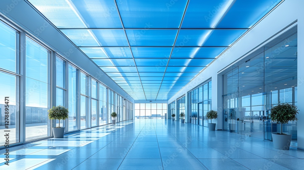 The minimalist architecture of this hallway, with glass walls and a soft blue ceiling, creates a bright, open atmosphere full of light and space. The minimalist architecture of this hallway, with glass walls and a soft blue ceiling, creates a bright, open atmosphere full of light and space.