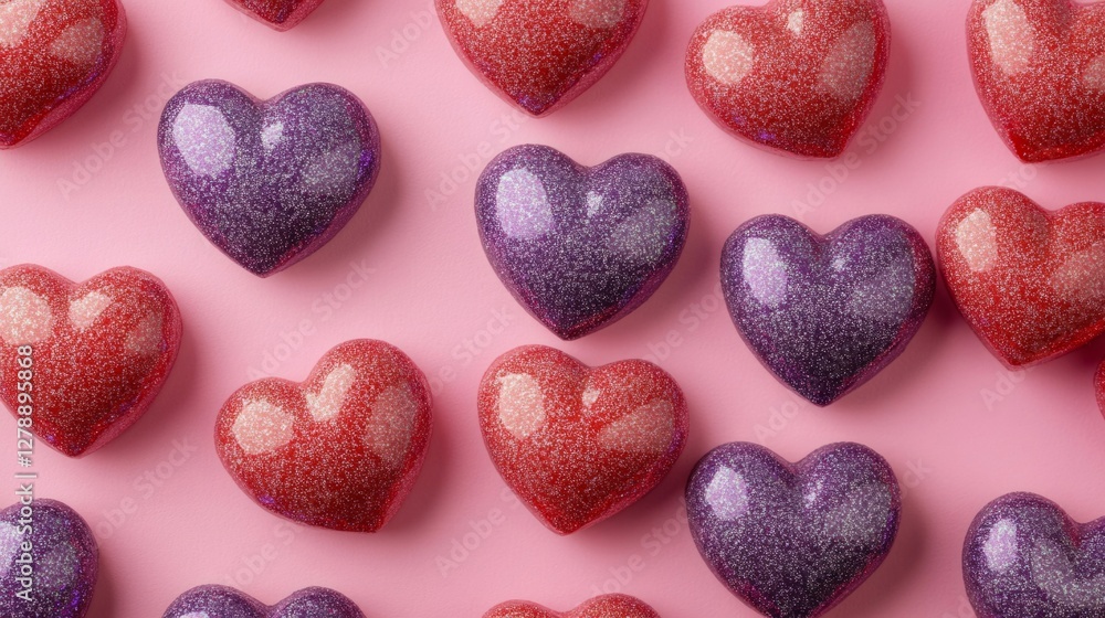 Obraz premium Pink Purple Red Glitter Hearts Pattern Background