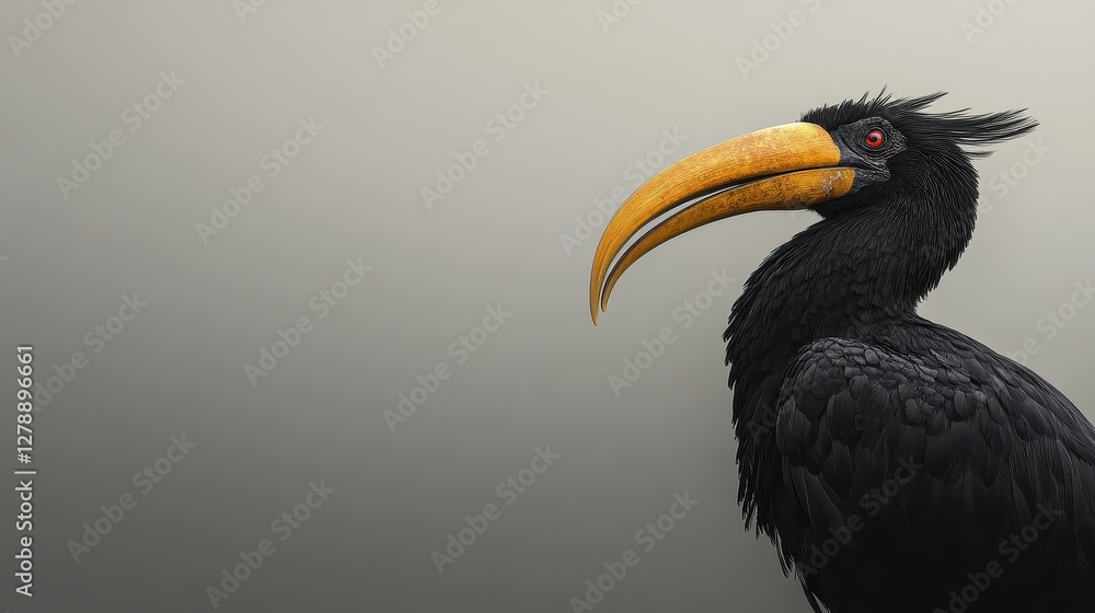 Fototapeta premium A majestic hornbill in profile view, perched elegantly, its curved yellow beak prominent against a clean