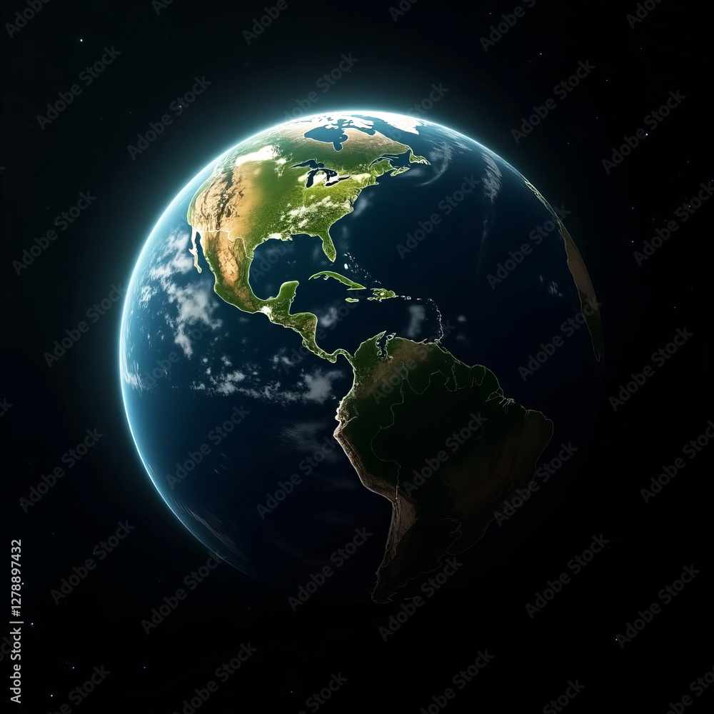 Fototapeta premium Earth illuminated by sunlight against a dark cosmic background, symbolizing the strength of life, survival, and nature. Highlights the importance of the Sun in sustaining life on our planet.