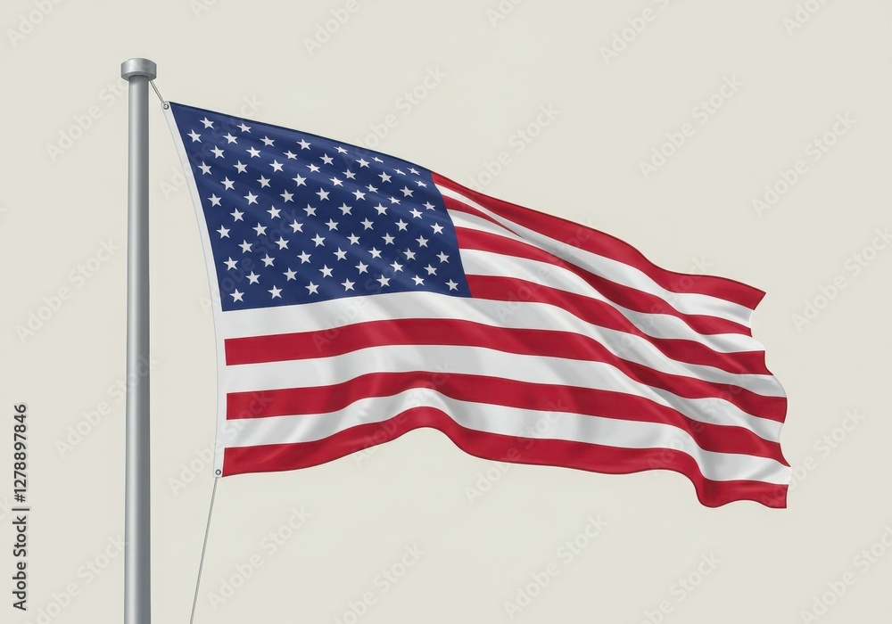 Fototapeta premium American flag, waving, patriotic, red white and blue, stars and stripes, national symbol, wind-blown fabric, flagpole, iconic, detailed illustration, clean background