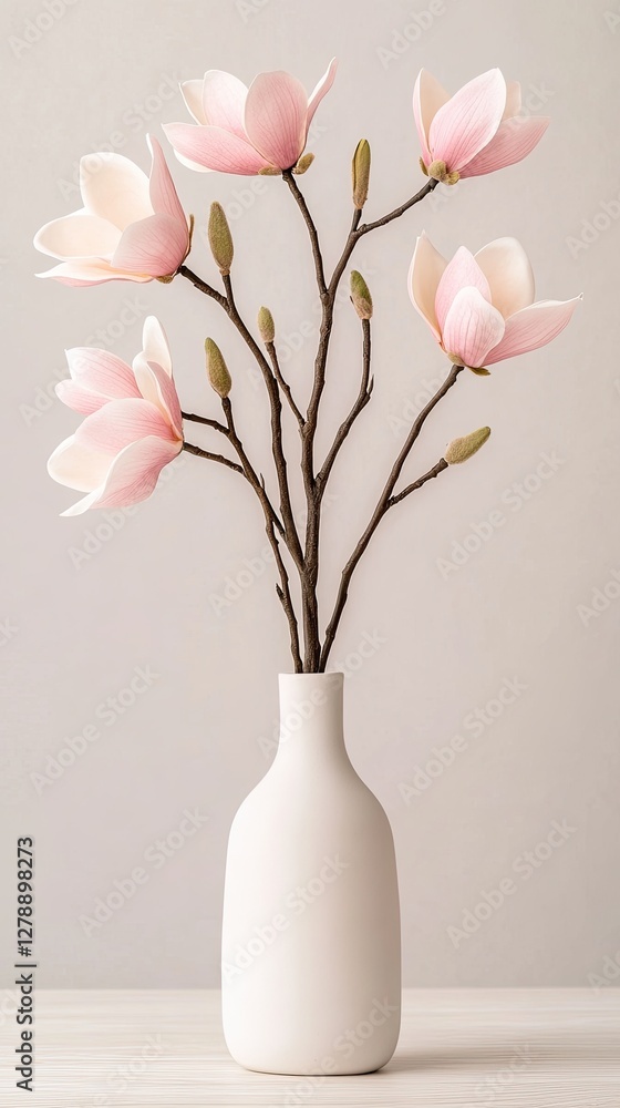 Obraz premium Blooming pink magnolia flowers in a white vase create a serene atmosphere against a soft gray backdrop filled with ample copy space